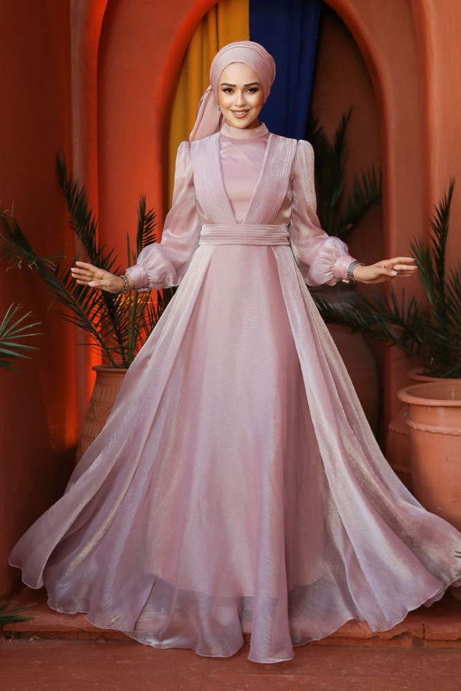 Tesettürlü Abiye Elbise - Drape Detaylı Pudra Tesettür Abiye Elbise 45701PD - 3