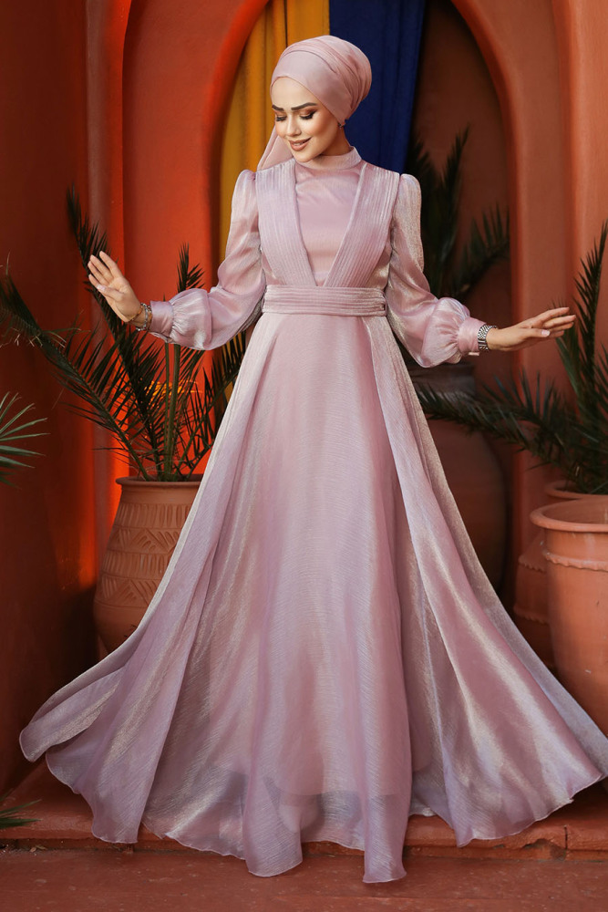 Tesettürlü Abiye Elbise - Drape Detaylı Pudra Tesettür Abiye Elbise 45701PD - 1