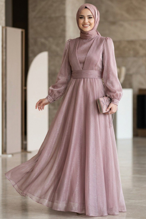 Tesettürlü Abiye Elbise - Drape Detaylı Pudra Tesettür Abiye Elbise 45701PD - 1
