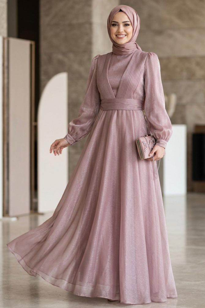 Tesettürlü Abiye Elbise - Drape Detaylı Pudra Tesettür Abiye Elbise 45701PD - 1