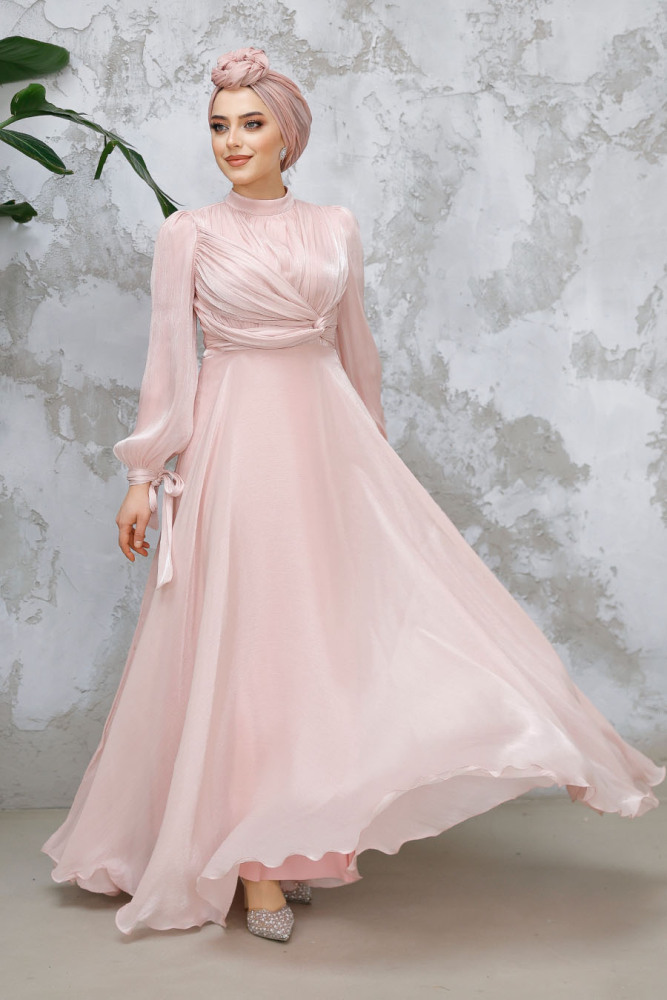 Tesettürlü Abiye Elbise - Drape Detaylı Pudra Tesettür Abiye Elbise 4823PD - 3