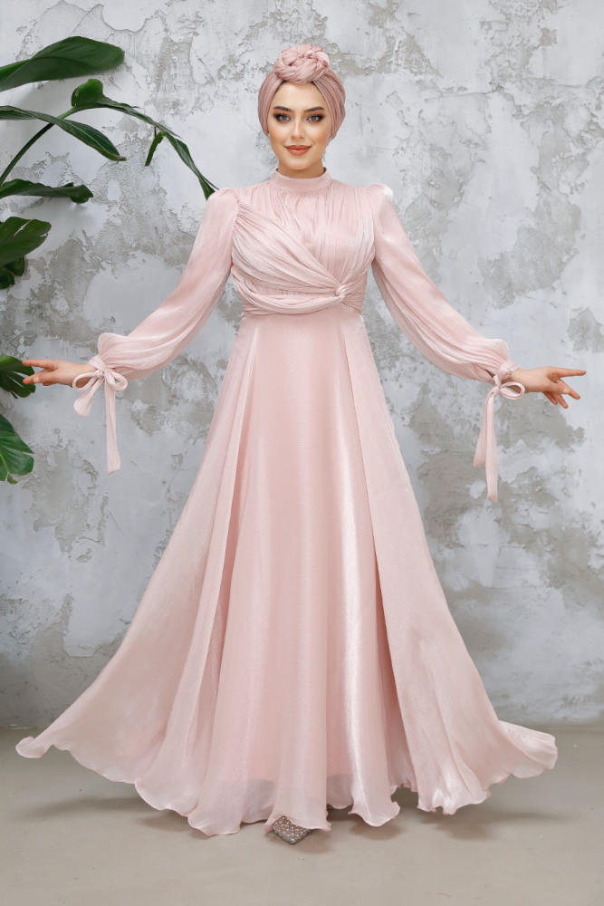 Tesettürlü Abiye Elbise - Drape Detaylı Pudra Tesettür Abiye Elbise 4823PD - 2