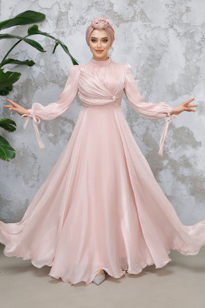 Tesettürlü Abiye Elbise - Drape Detaylı Pudra Tesettür Abiye Elbise 4823PD - 1