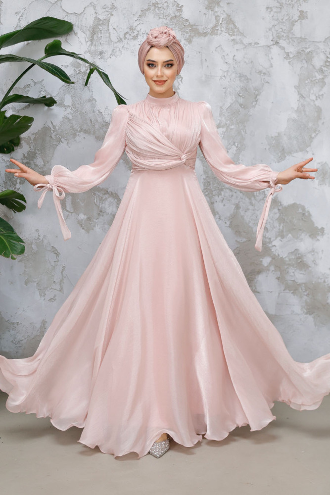 Tesettürlü Abiye Elbise - Drape Detaylı Pudra Tesettür Abiye Elbise 4823PD - 1