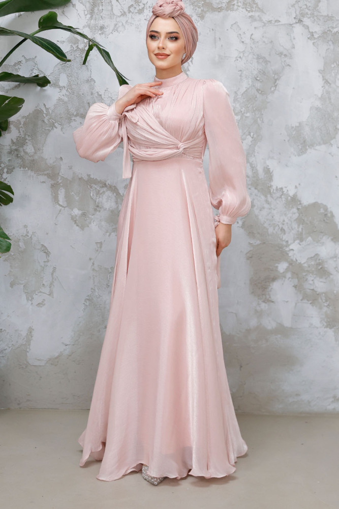 Tesettürlü Abiye Elbise - Drape Detaylı Pudra Tesettür Abiye Elbise 4823PD - 4