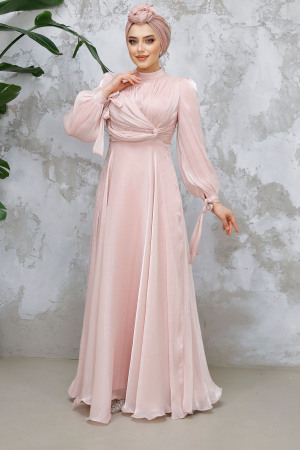 Tesettürlü Abiye Elbise - Drape Detaylı Pudra Tesettür Abiye Elbise 4823PD - 5