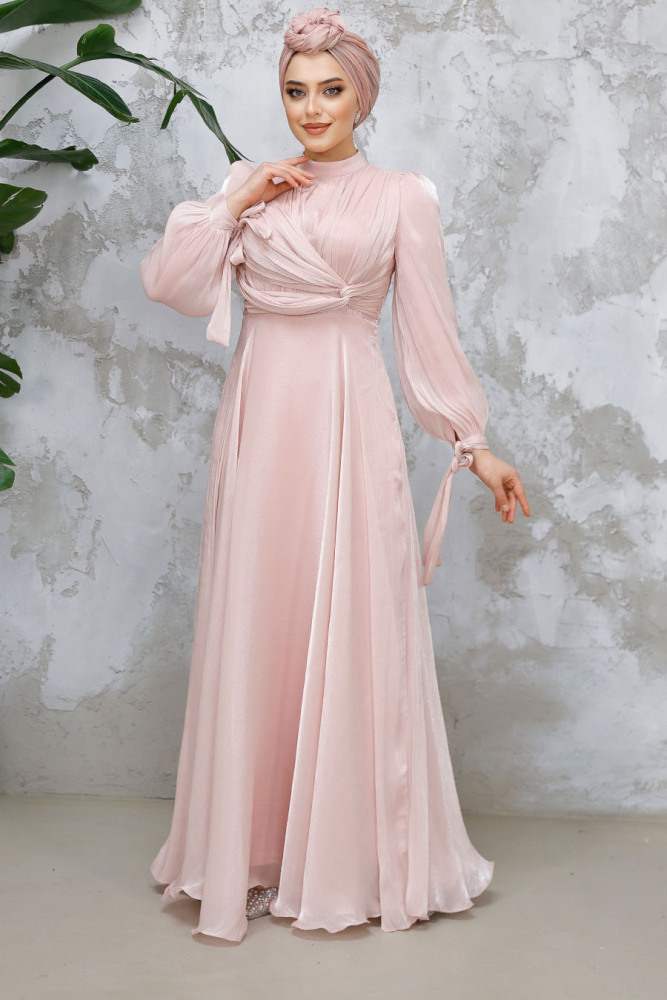 Tesettürlü Abiye Elbise - Drape Detaylı Pudra Tesettür Abiye Elbise 4823PD - 5