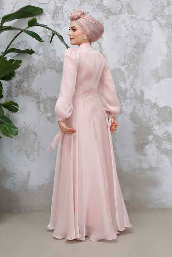 Tesettürlü Abiye Elbise - Drape Detaylı Pudra Tesettür Abiye Elbise 4823PD - 6