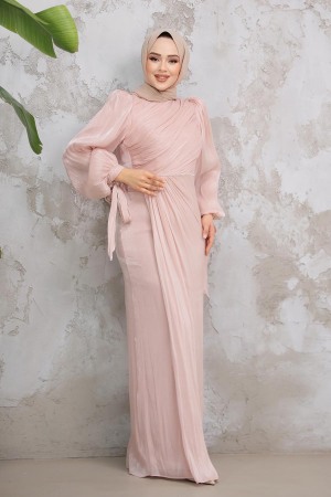 Tesettürlü Abiye Elbise - Drape Detaylı Pudra Tesettür Abiye Elbise 50193PD - 3