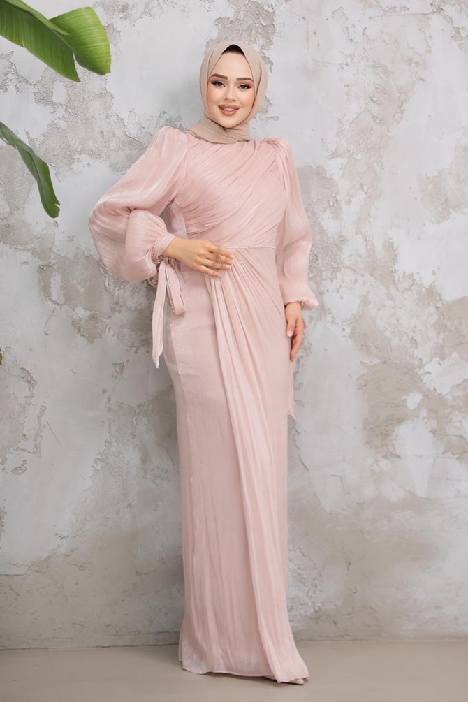 Tesettürlü Abiye Elbise - Drape Detaylı Pudra Tesettür Abiye Elbise 50193PD - 3