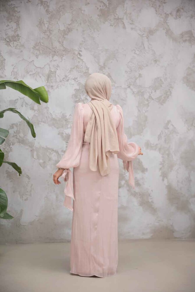 Tesettürlü Abiye Elbise - Drape Detaylı Pudra Tesettür Abiye Elbise 50193PD - 4