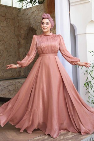 Tesettürlü Abiye Elbise - Drape Detaylı Pudra Tesettür Abiye Elbise 51072PD 