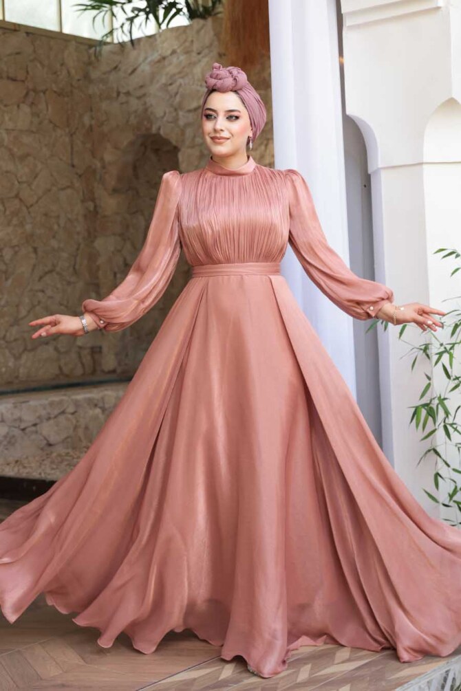 Tesettürlü Abiye Elbise - Drape Detaylı Pudra Tesettür Abiye Elbise 51072PD - 1