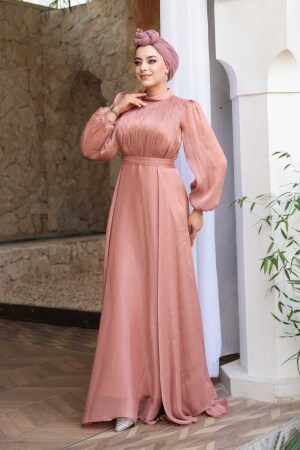 Tesettürlü Abiye Elbise - Drape Detaylı Pudra Tesettür Abiye Elbise 51072PD - 2