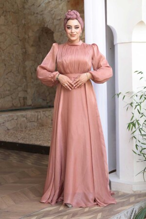 Tesettürlü Abiye Elbise - Drape Detaylı Pudra Tesettür Abiye Elbise 51072PD - 3