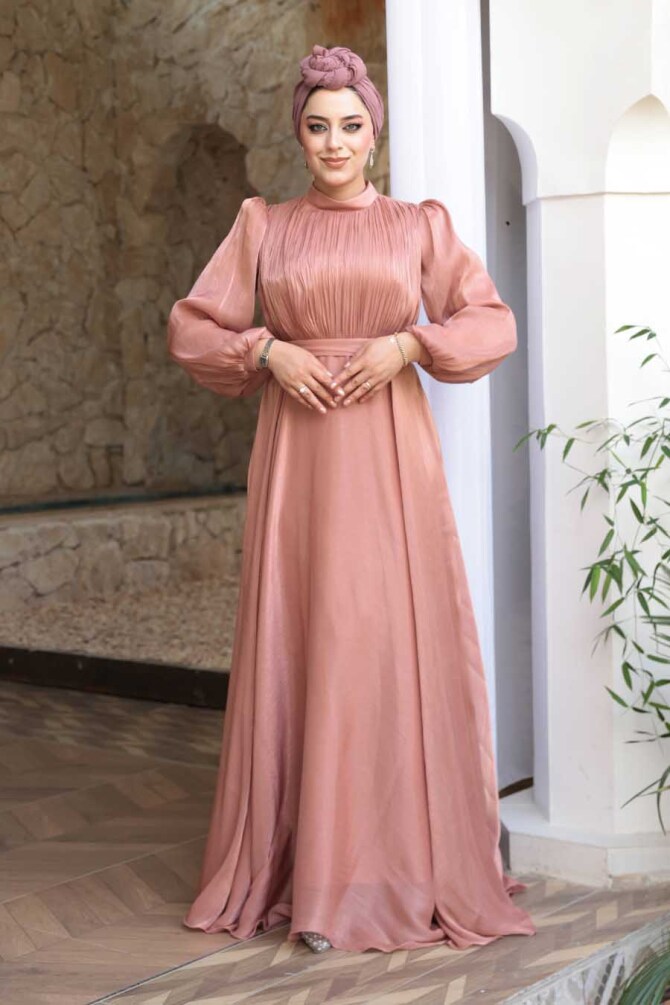 Tesettürlü Abiye Elbise - Drape Detaylı Pudra Tesettür Abiye Elbise 51072PD - 3