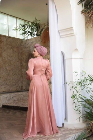 Tesettürlü Abiye Elbise - Drape Detaylı Pudra Tesettür Abiye Elbise 51072PD - 4