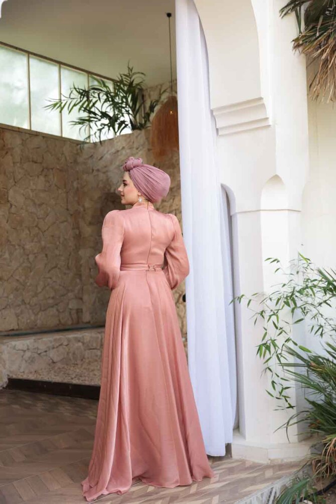 Tesettürlü Abiye Elbise - Drape Detaylı Pudra Tesettür Abiye Elbise 51072PD - 4