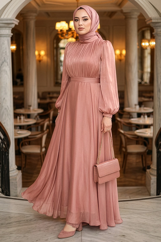 Tesettürlü Abiye Elbise - Drape Detaylı Pudra Tesettür Abiye Elbise 51072PD - 1
