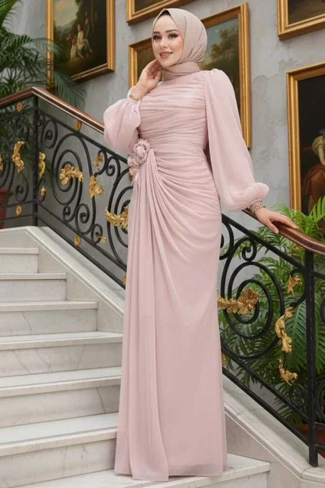 Tesettürlü Abiye Elbise - Drape Detaylı Pudra Tesettür Abiye Elbise 51203PD - 1