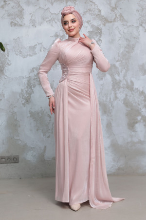 Tesettürlü Abiye Elbise - Drape Detaylı Pudra Tesettür Abiye Elbise 51481PD 
