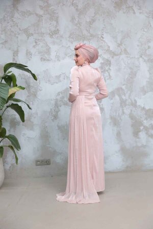 Tesettürlü Abiye Elbise - Drape Detaylı Pudra Tesettür Abiye Elbise 51481PD - 4