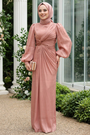 Tesettürlü Abiye Elbise - Drape Detaylı Pudra Tesettür Abiye Elbise 52285PD 