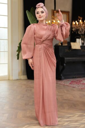 Tesettürlü Abiye Elbise - Drape Detaylı Pudra Tesettür Abiye Elbise 52285PD 