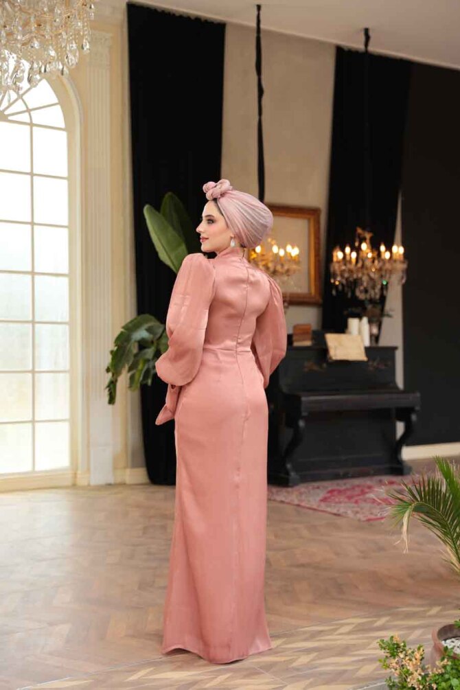 Tesettürlü Abiye Elbise - Drape Detaylı Pudra Tesettür Abiye Elbise 52285PD - 5
