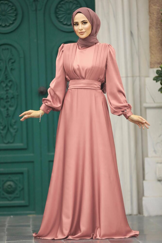 Tesettürlü Abiye Elbise - Drape Detaylı Pudra Tesettür Saten Abiye Elbise 40621PD - 1