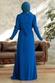 Tesettürlü Abiye Elbise - Drape Detaylı Sax Mavisi Tesettür Abiye 5736SX - Thumbnail