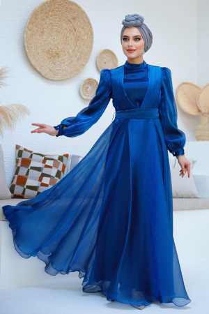 Tesettürlü Abiye Elbise - Drape Detaylı Sax Mavisi Tesettür Abiye Elbise 45701SX - 2