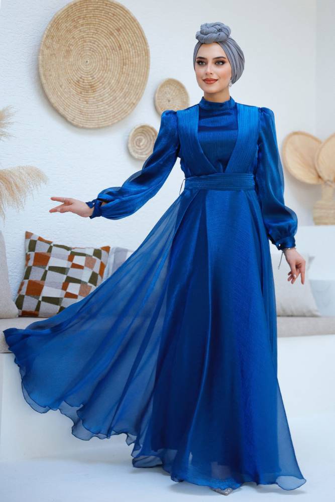 Tesettürlü Abiye Elbise - Drape Detaylı Sax Mavisi Tesettür Abiye Elbise 45701SX - 2
