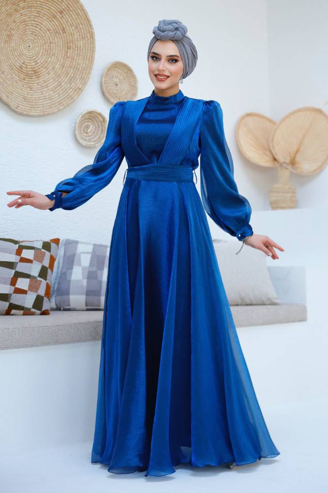 Tesettürlü Abiye Elbise - Drape Detaylı Sax Mavisi Tesettür Abiye Elbise 45701SX - 3