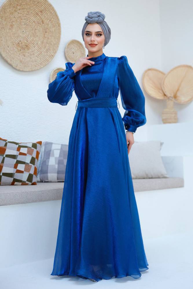 Tesettürlü Abiye Elbise - Drape Detaylı Sax Mavisi Tesettür Abiye Elbise 45701SX - 5