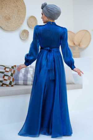 Tesettürlü Abiye Elbise - Drape Detaylı Sax Mavisi Tesettür Abiye Elbise 45701SX - 6