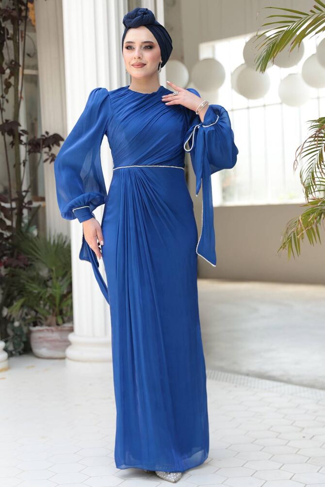 Tesettürlü Abiye Elbise - Drape Detaylı Sax Mavisi Tesettür Abiye Elbise 50193SX - 1