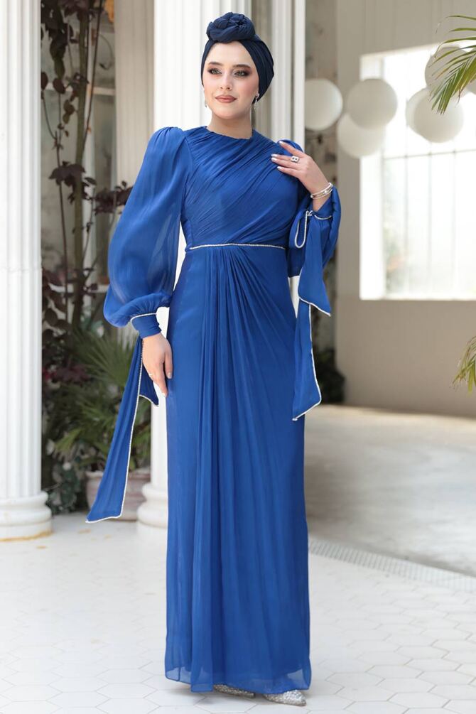 Tesettürlü Abiye Elbise - Drape Detaylı Sax Mavisi Tesettür Abiye Elbise 50193SX - 3
