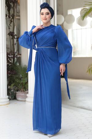 Tesettürlü Abiye Elbise - Drape Detaylı Sax Mavisi Tesettür Abiye Elbise 50193SX - 2