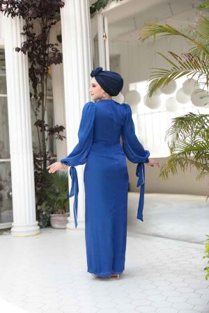 Tesettürlü Abiye Elbise - Drape Detaylı Sax Mavisi Tesettür Abiye Elbise 50193SX - 4