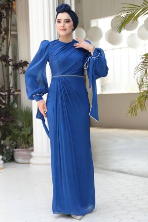 Tesettürlü Abiye Elbise - Drape Detaylı Sax Mavisi Tesettür Abiye Elbise 50193SX 