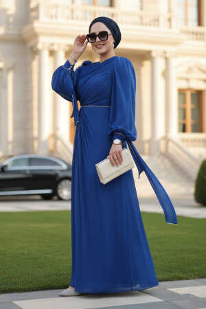 Tesettürlü Abiye Elbise - Drape Detaylı Sax Mavisi Tesettür Abiye Elbise 50193SX - N.S NEVA STYLE