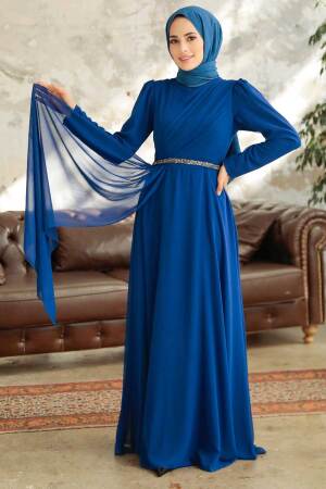 Tesettürlü Abiye Elbise - Drape Detaylı Sax Mavisi Tesettür Abiye Elbise 5737SX - 1