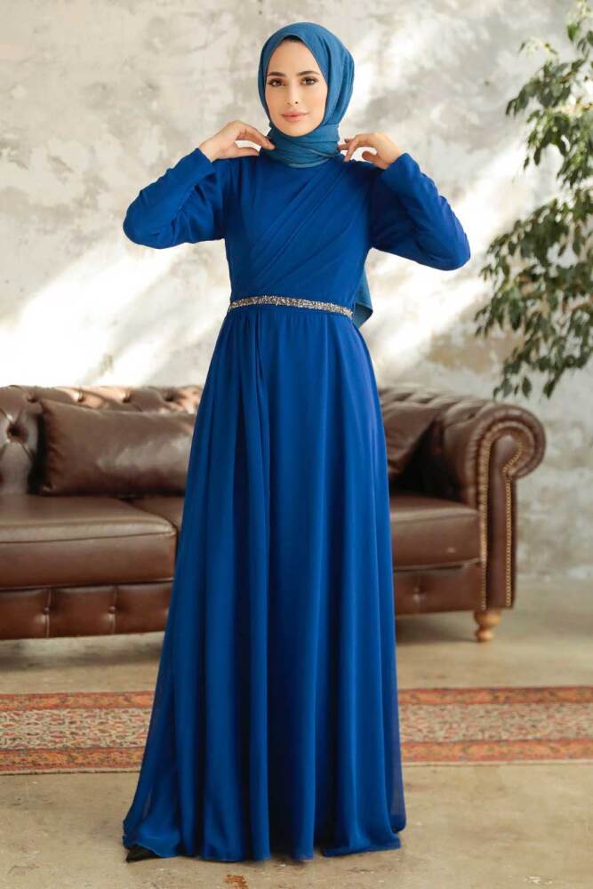 Tesettürlü Abiye Elbise - Drape Detaylı Sax Mavisi Tesettür Abiye Elbise 5737SX - 3