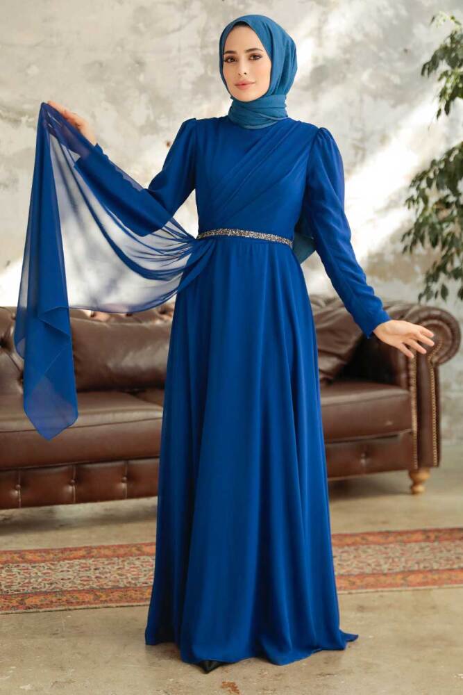 Tesettürlü Abiye Elbise - Drape Detaylı Sax Mavisi Tesettür Abiye Elbise 5737SX - 2