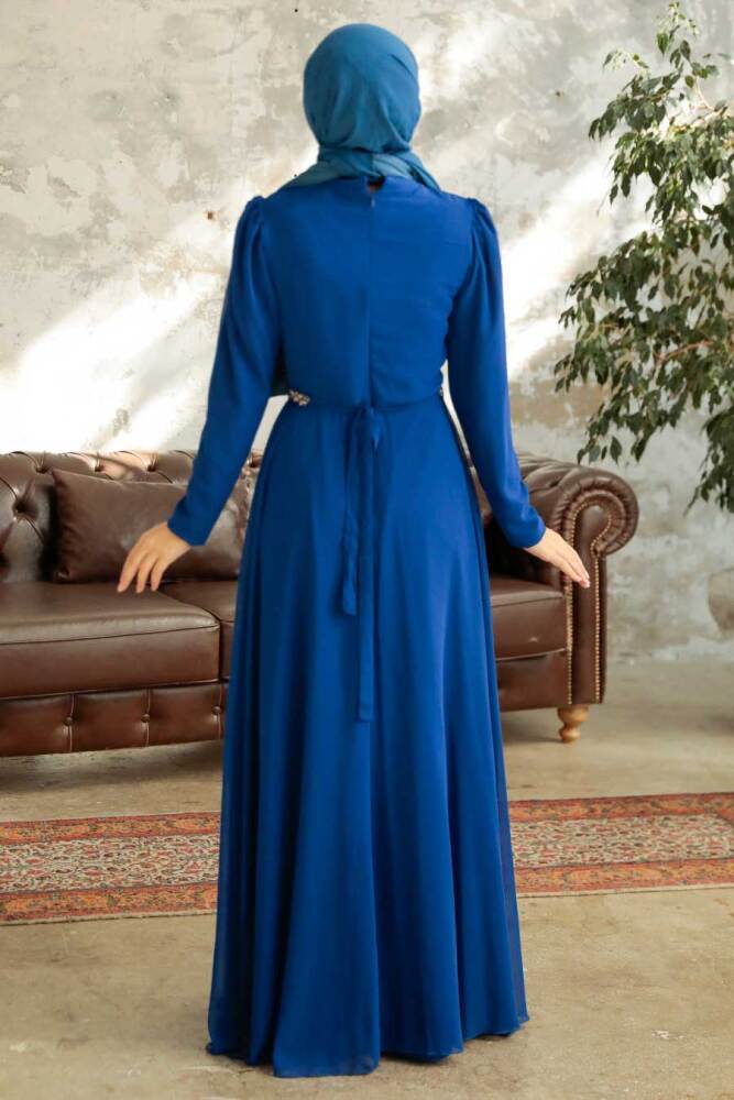 Tesettürlü Abiye Elbise - Drape Detaylı Sax Mavisi Tesettür Abiye Elbise 5737SX - 4