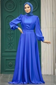 Tesettürlü Abiye Elbise - Drape Detaylı Sax Mavisi Tesettür Saten Abiye Elbise 40621SX - Thumbnail