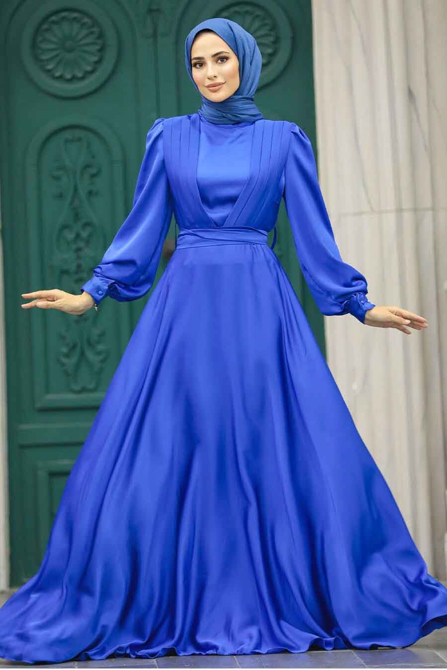 Tesettürlü Abiye Elbise - Drape Detaylı Sax Mavisi Tesettür Saten Abiye Elbise 40621SX