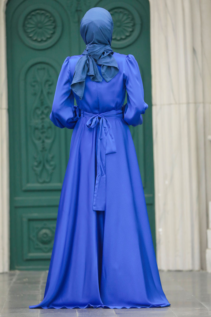 Tesettürlü Abiye Elbise - Drape Detaylı Sax Mavisi Tesettür Saten Abiye Elbise 40621SX