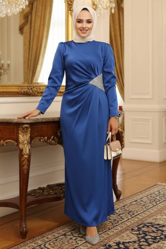Tesettürlü Abiye Elbise - Drape Detaylı Sax Mavisi Tesettür Saten Abiye Elbise 5940SX - 1